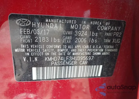 2017 Hyundai Elantra Se z USA, uszkodzony, nr VIN KMHD74LF3HU395697